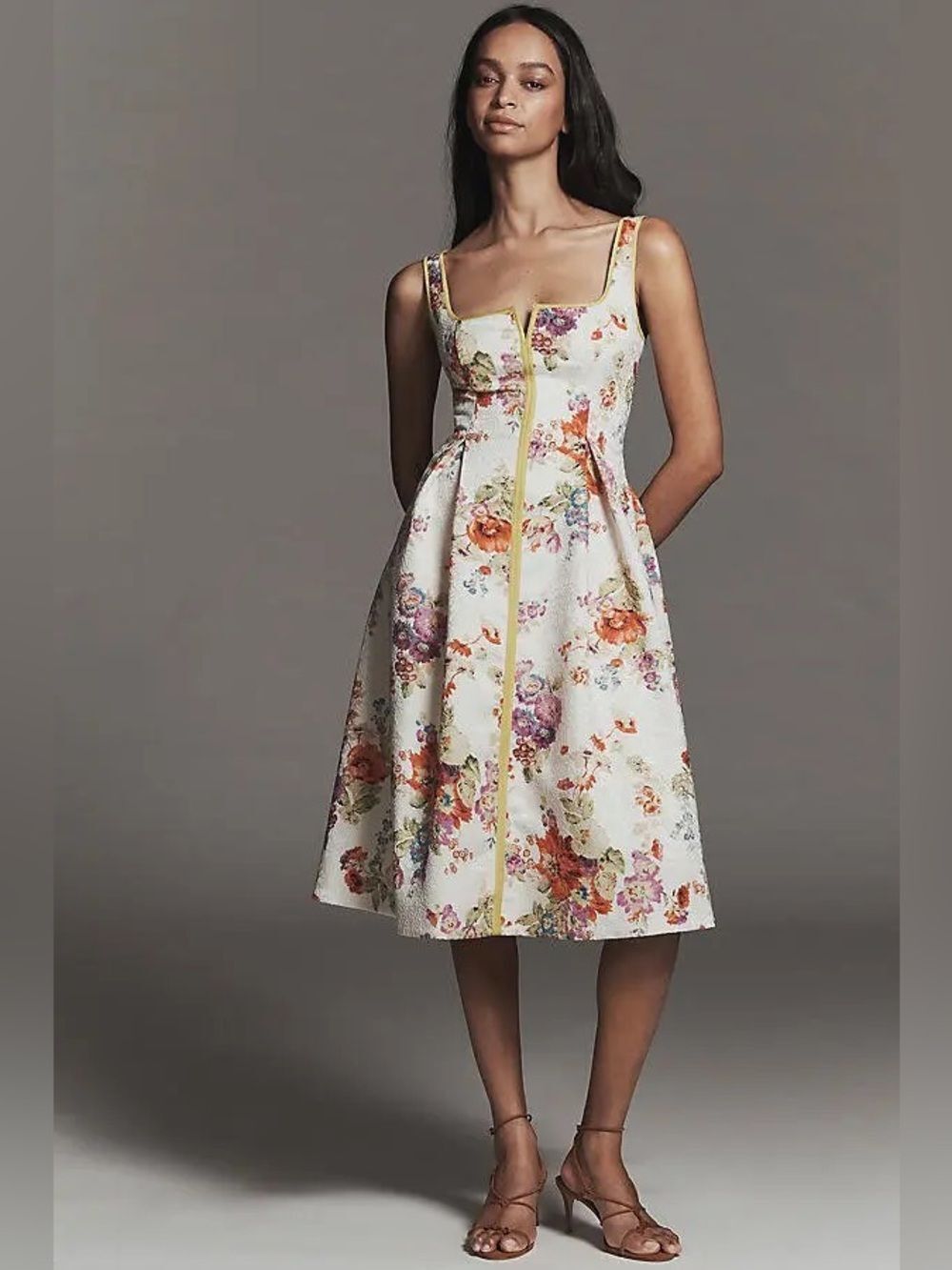 New Anthropologie Maeve Square-Neck Piped Floral Midi Dress Size S